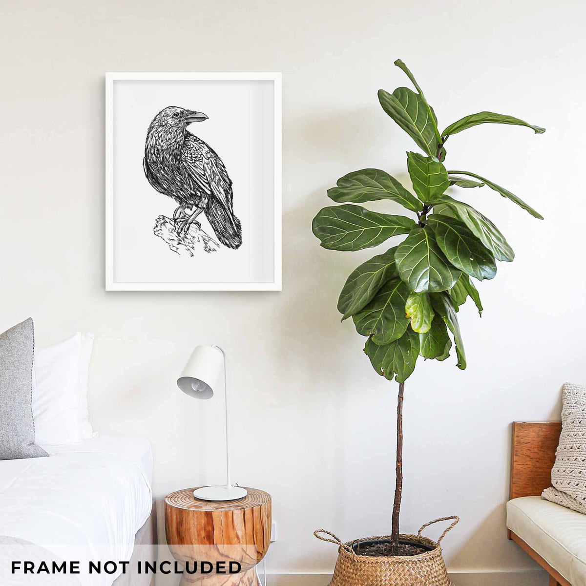 Art print of a detailed black ink sketch of a common raven perched on a rock, shown framed on a living room wall beside a potted plant. Frame not included.