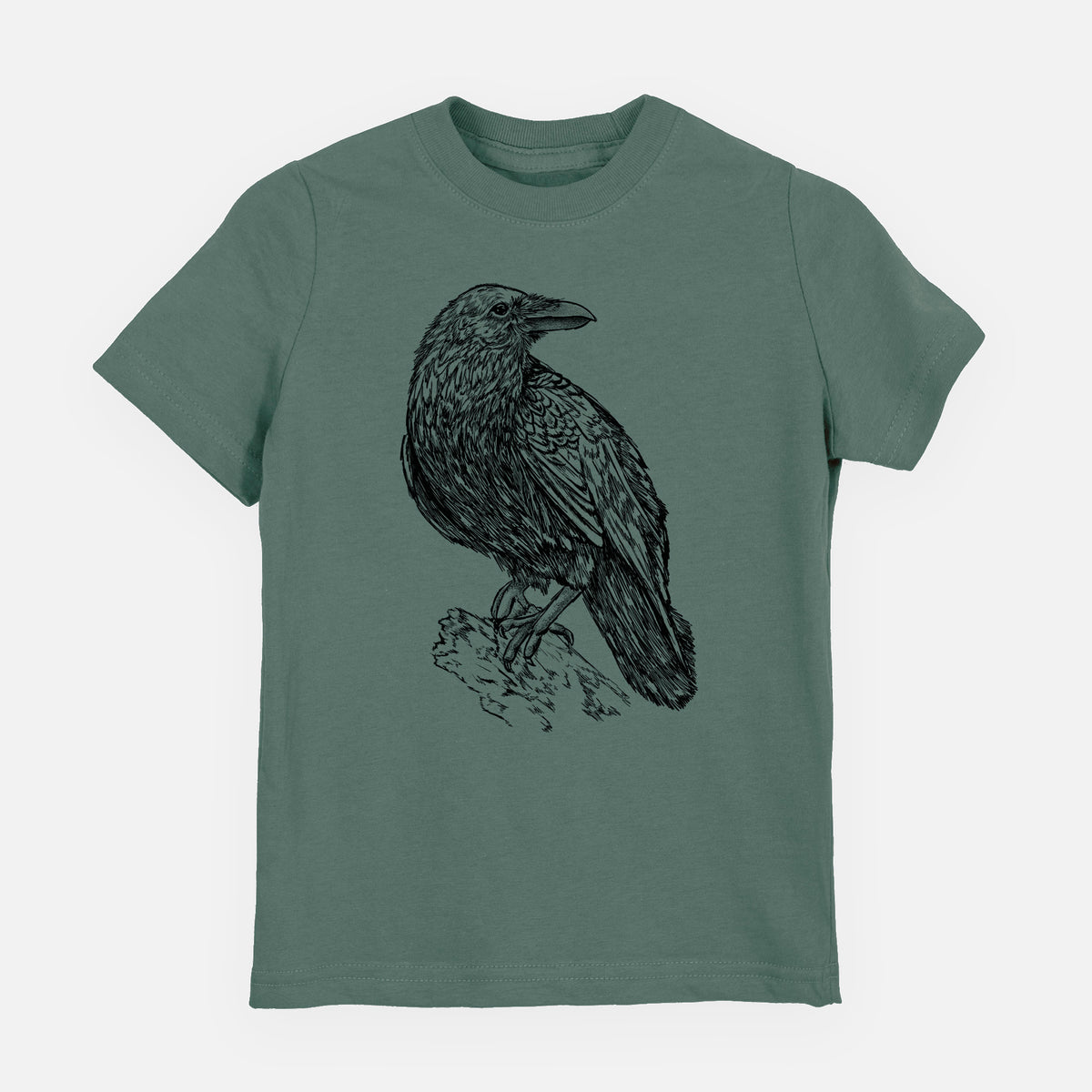 Basil green youth t-shirt laid flat, printed with a detailed black ink sketch of a common raven perched on a rock.