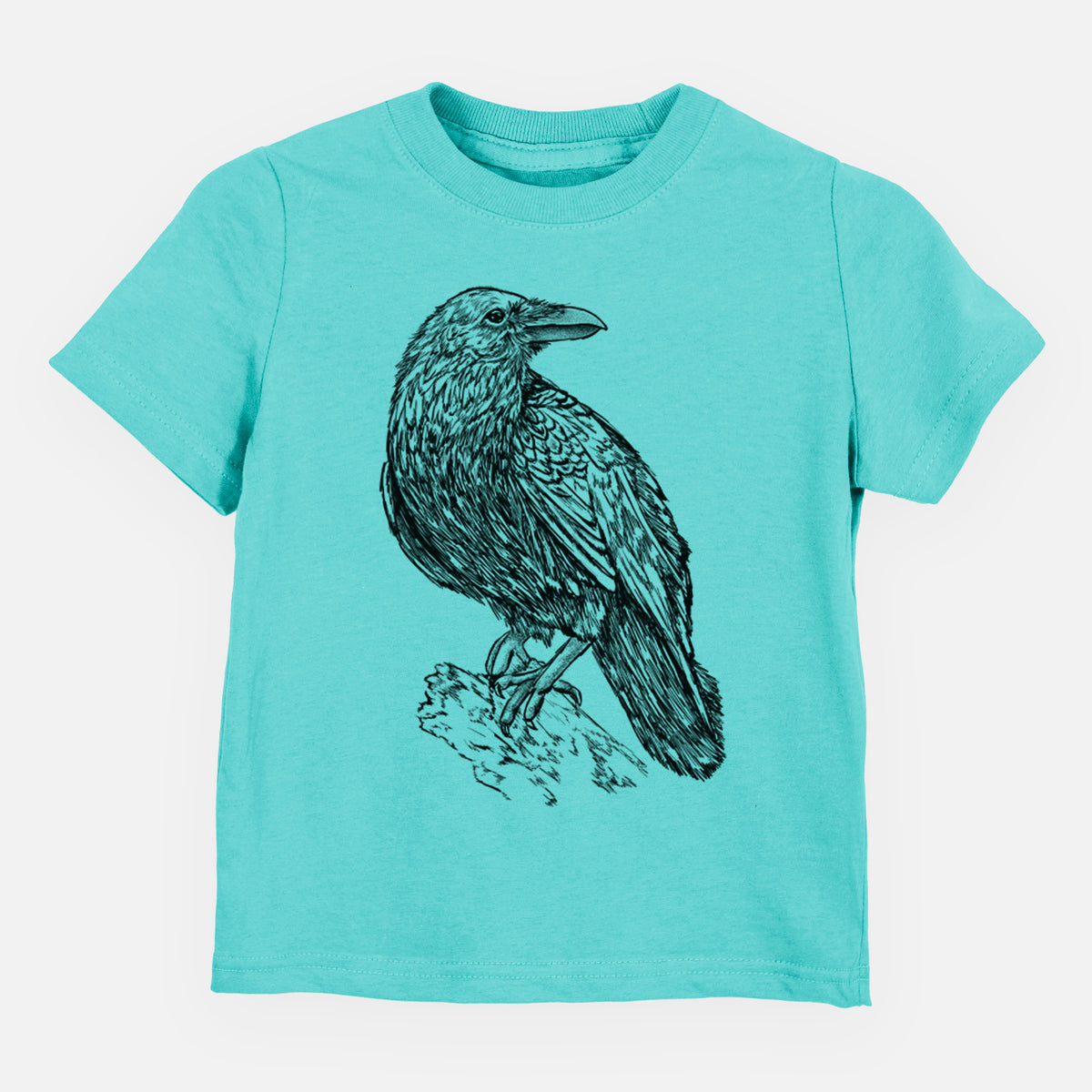 Caribbean blue toddler t-shirt laid flat, printed with a detailed black ink sketch of a common raven perched on a rock.
