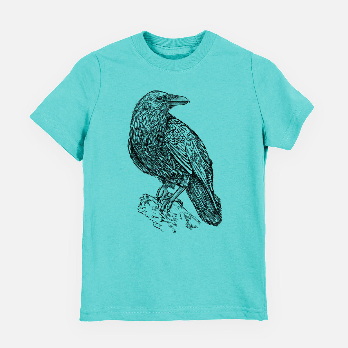 Caribbean blue youth t-shirt laid flat, printed with a detailed black ink sketch of a common raven perched on a rock.