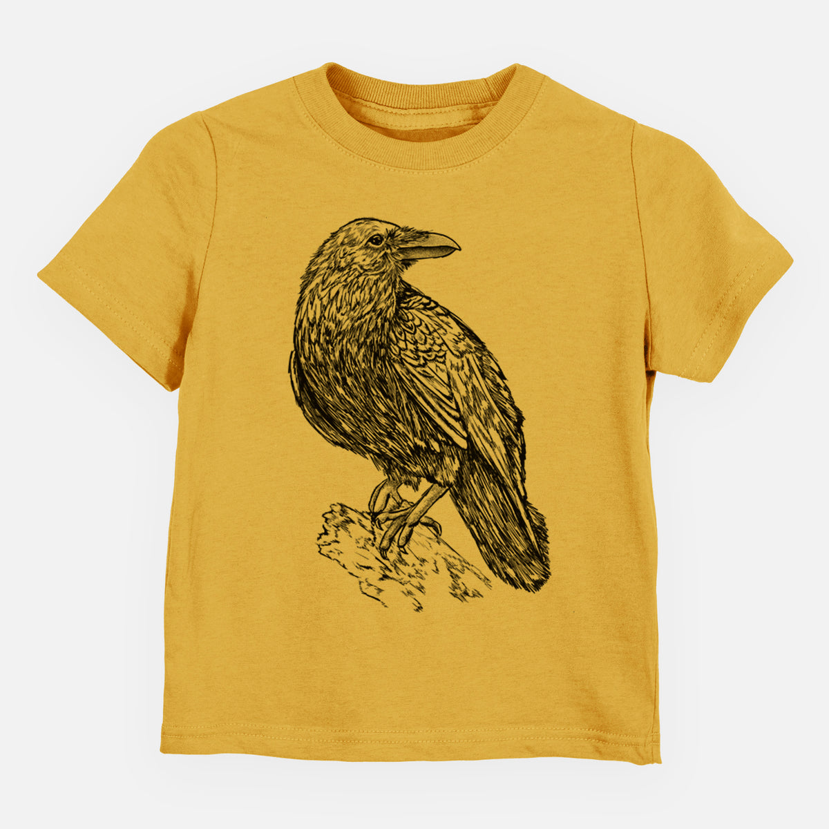 Honeycomb yellow toddler t-shirt laid flat, printed with a detailed black ink sketch of a common raven perched on a rock.