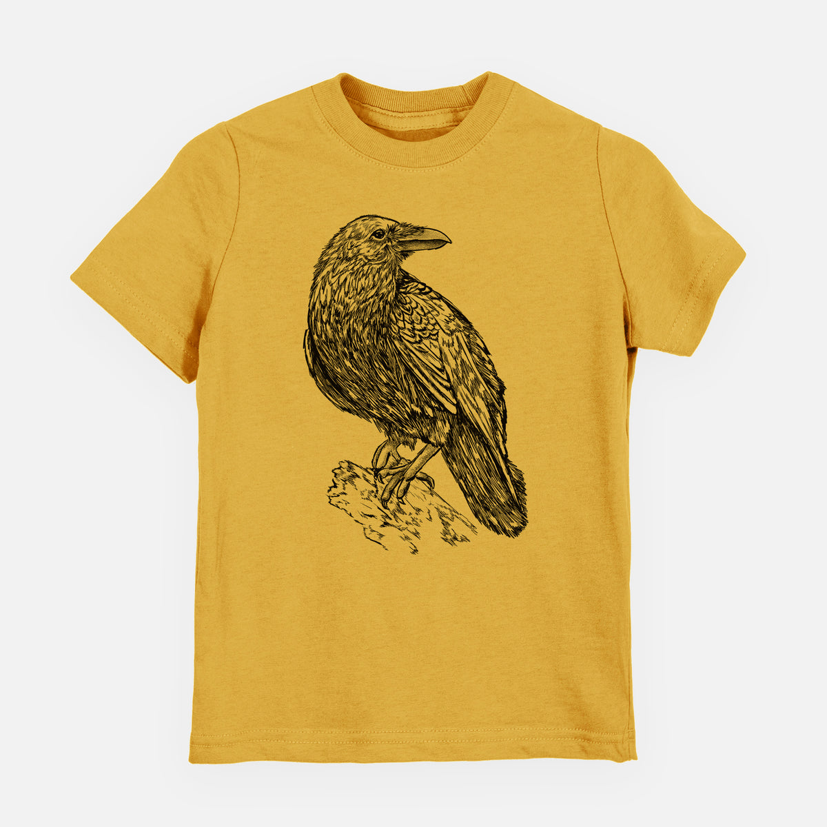 Honeycomb yellow youth t-shirt laid flat, printed with a detailed black ink sketch of a common raven perched on a rock.