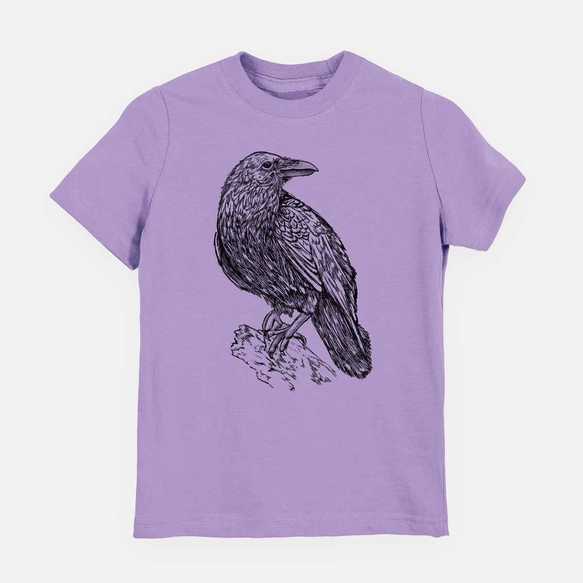 Lavender youth t-shirt laid flat, printed with a detailed black ink sketch of a common raven perched on a rock.