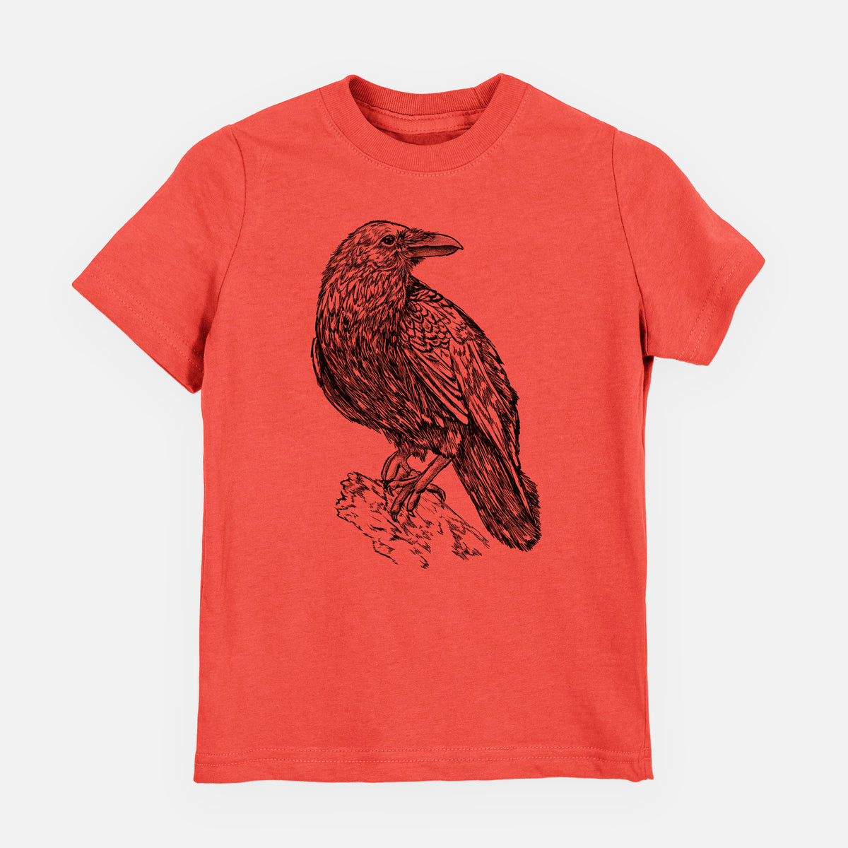 Passionfruit pink youth t-shirt laid flat, printed with a detailed black ink sketch of a common raven perched on a rock.