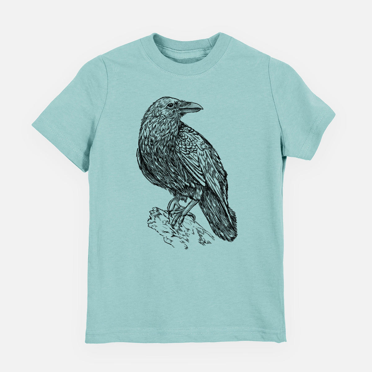 Saltwater youth t-shirt laid flat, printed with a detailed black ink sketch of a common raven perched on a rock.