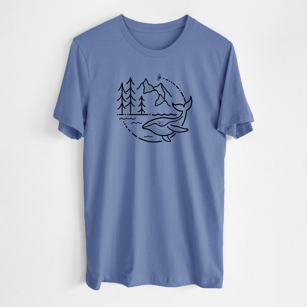 Blue bell lightweight cotton t-shirt laid flat, printed with a black line art circle connecting a mountain range, pine trees, a bee and a whale swimming in ocean waves.