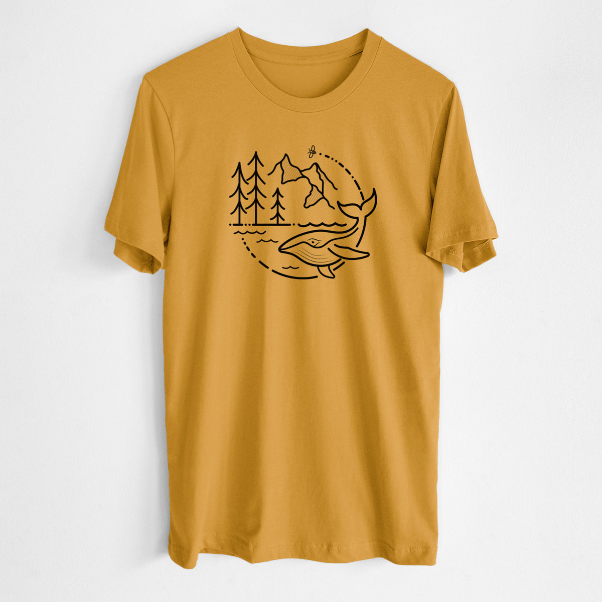 Honeycomb yellow lightweight cotton t-shirt laid flat, printed with a black line art circle connecting a mountain range, pine trees, a bee and a whale swimming in ocean waves.