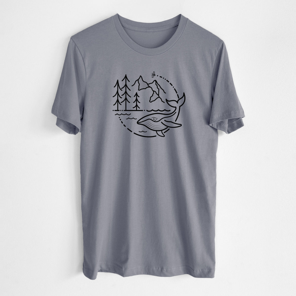 Storm grey lightweight cotton t-shirt laid flat, printed with a black line art circle connecting a mountain range, pine trees, a bee and a whale swimming in ocean waves.