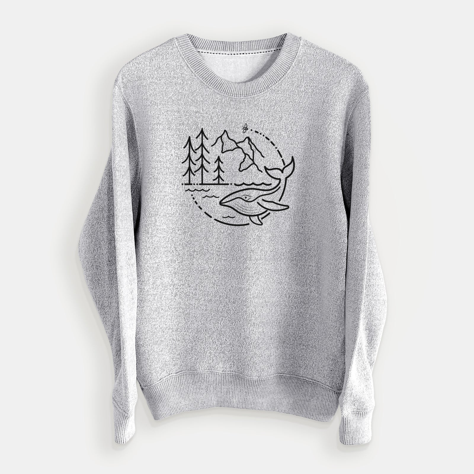 Salt and pepper knit sweatshirt laid flat, printed with a black line art circle connecting a mountain range, pine trees, a bee and a whale swimming in ocean waves.
