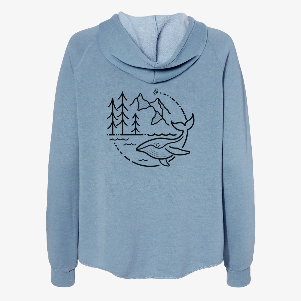 Misty blue women's Cali Wave zip-up sweatshirt laid flat, printed with a black line art circle connecting a mountain range, pine trees, a bee and a whale swimming in ocean waves.