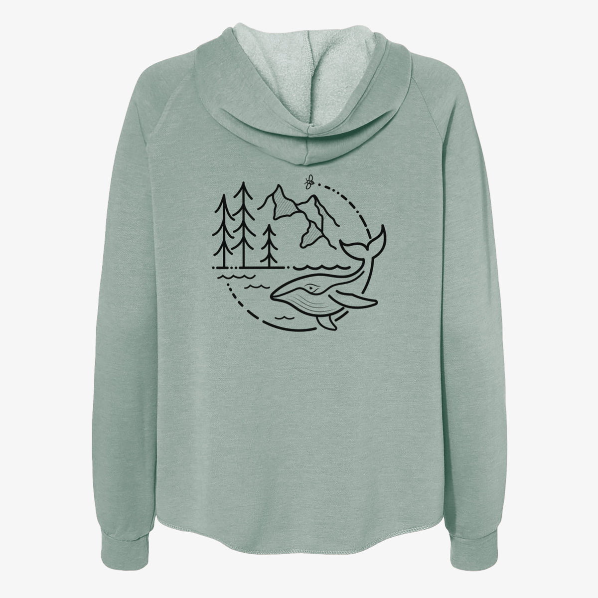 Sage green women's Cali Wave zip-up sweatshirt laid flat, printed with a black line art circle connecting a mountain range, pine trees, a bee and a whale swimming in ocean waves.
