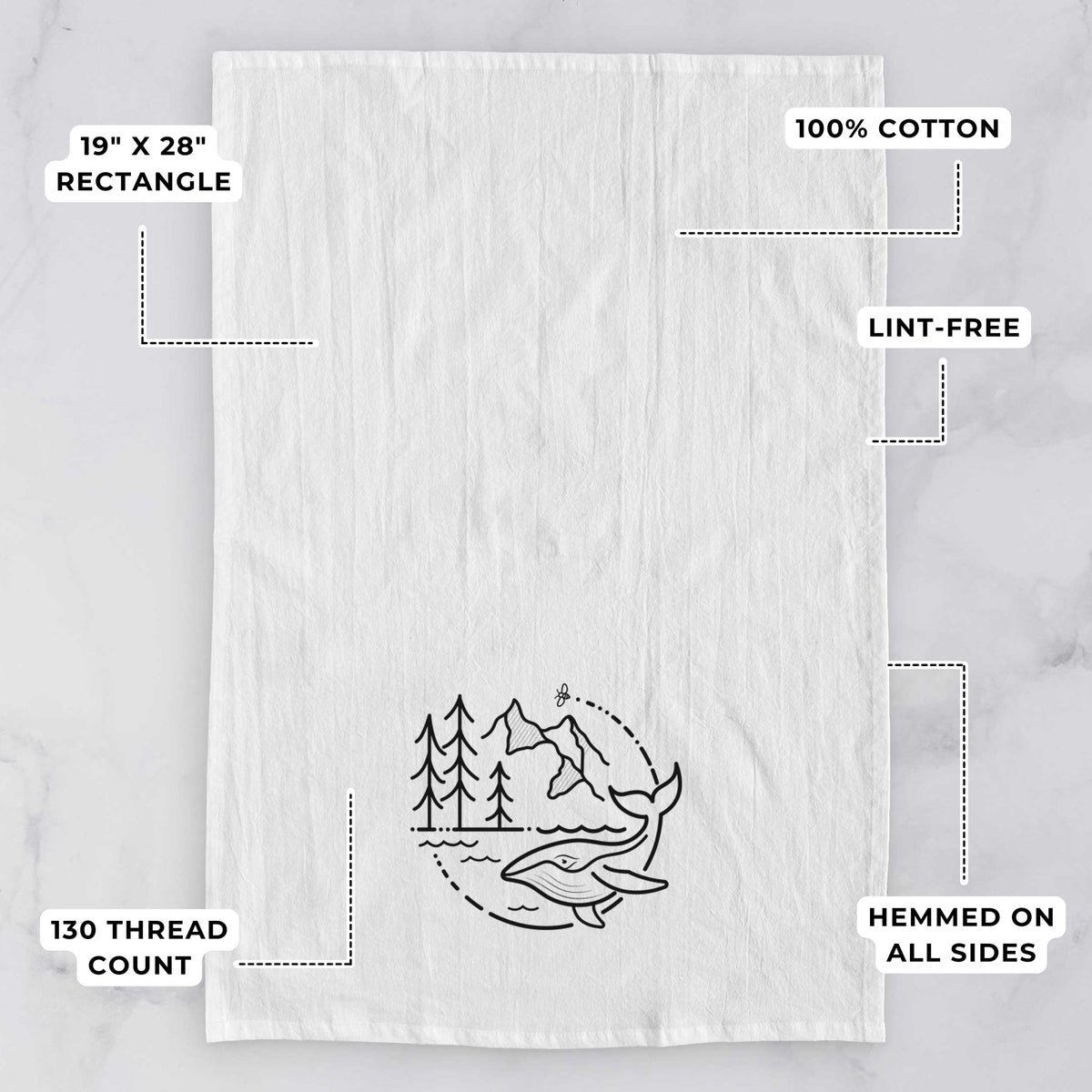 White tea towel printed with a black line art circle connecting a mountain range, pine trees, a bee and a whale swimming in ocean waves, with feature labels: 19 by 28 inch rectangle, 100% cotton, lint-free, 130 thread count, hemmed on all sides.