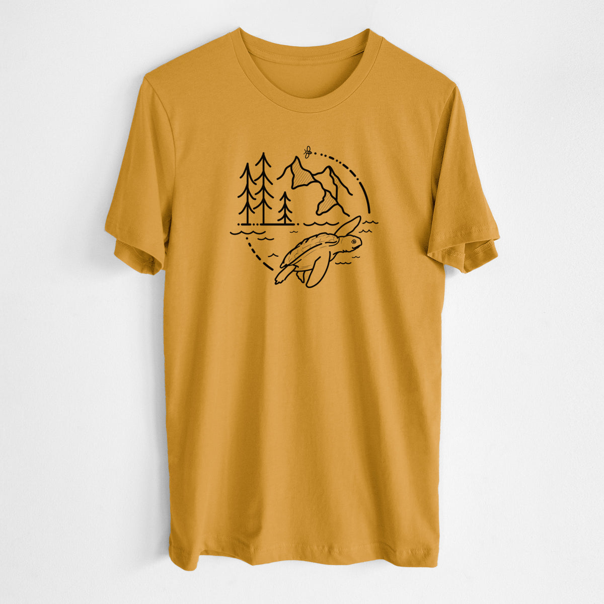 Honeycomb yellow lightweight cotton t-shirt laid flat, printed with a black line art circle connecting pine trees, mountains, a bee and a Kemp's ridley sea turtle swimming.