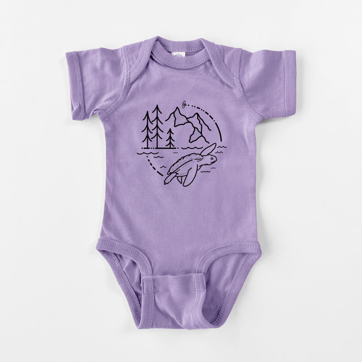 Lavender baby bodysuit laid flat, printed with a black line art circle connecting pine trees, mountains, a bee and a Kemp's ridley sea turtle swimming.