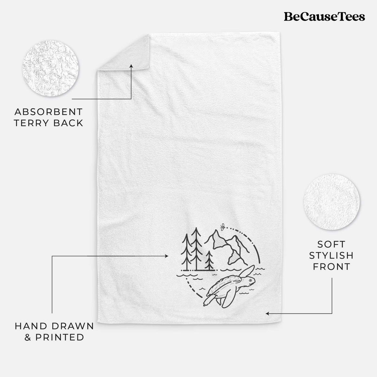 White hand towel printed with a black line art circle connecting pine trees, mountains, a bee and a Kemp's ridley sea turtle swimming.