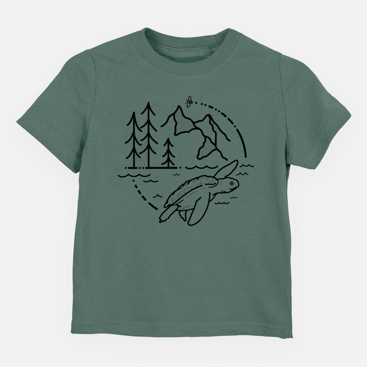 Basil green toddler t-shirt laid flat, printed with a black line art circle connecting pine trees, mountains, a bee and a Kemp's ridley sea turtle swimming.