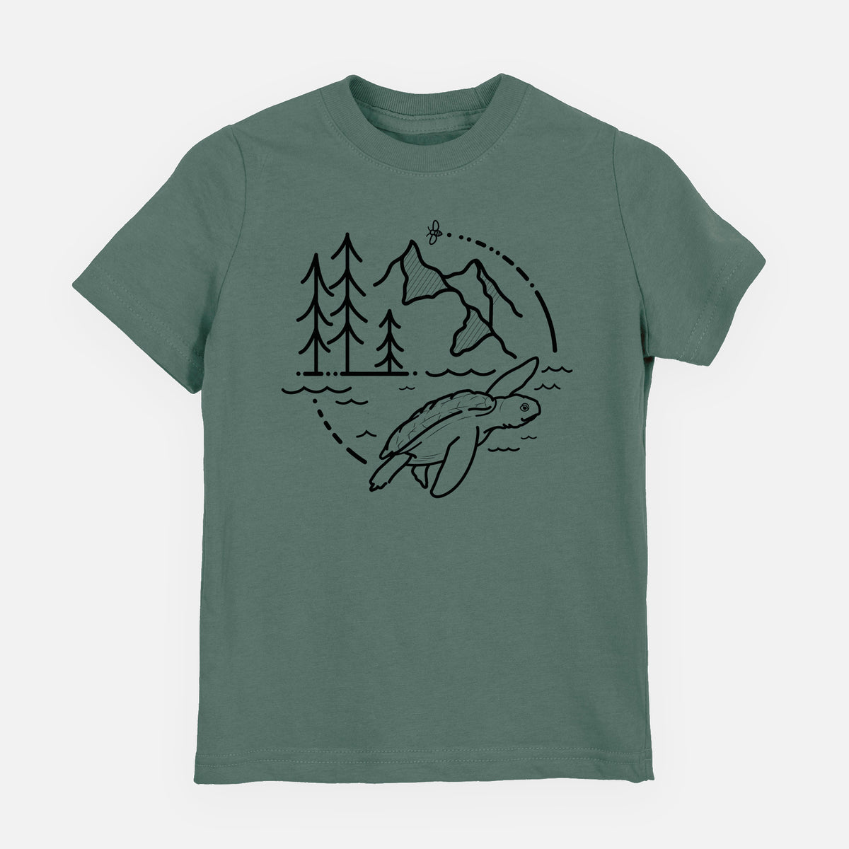 Basil green youth t-shirt laid flat, printed with a black line art circle connecting pine trees, mountains, a bee and a Kemp's ridley sea turtle swimming.