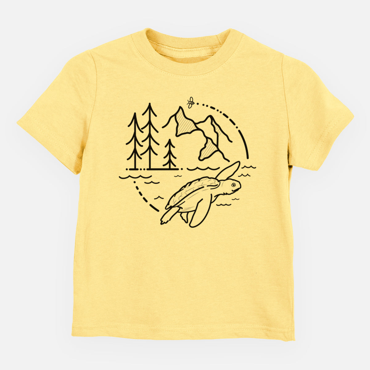 Butter yellow toddler t-shirt laid flat, printed with a black line art circle connecting pine trees, mountains, a bee and a Kemp's ridley sea turtle swimming.