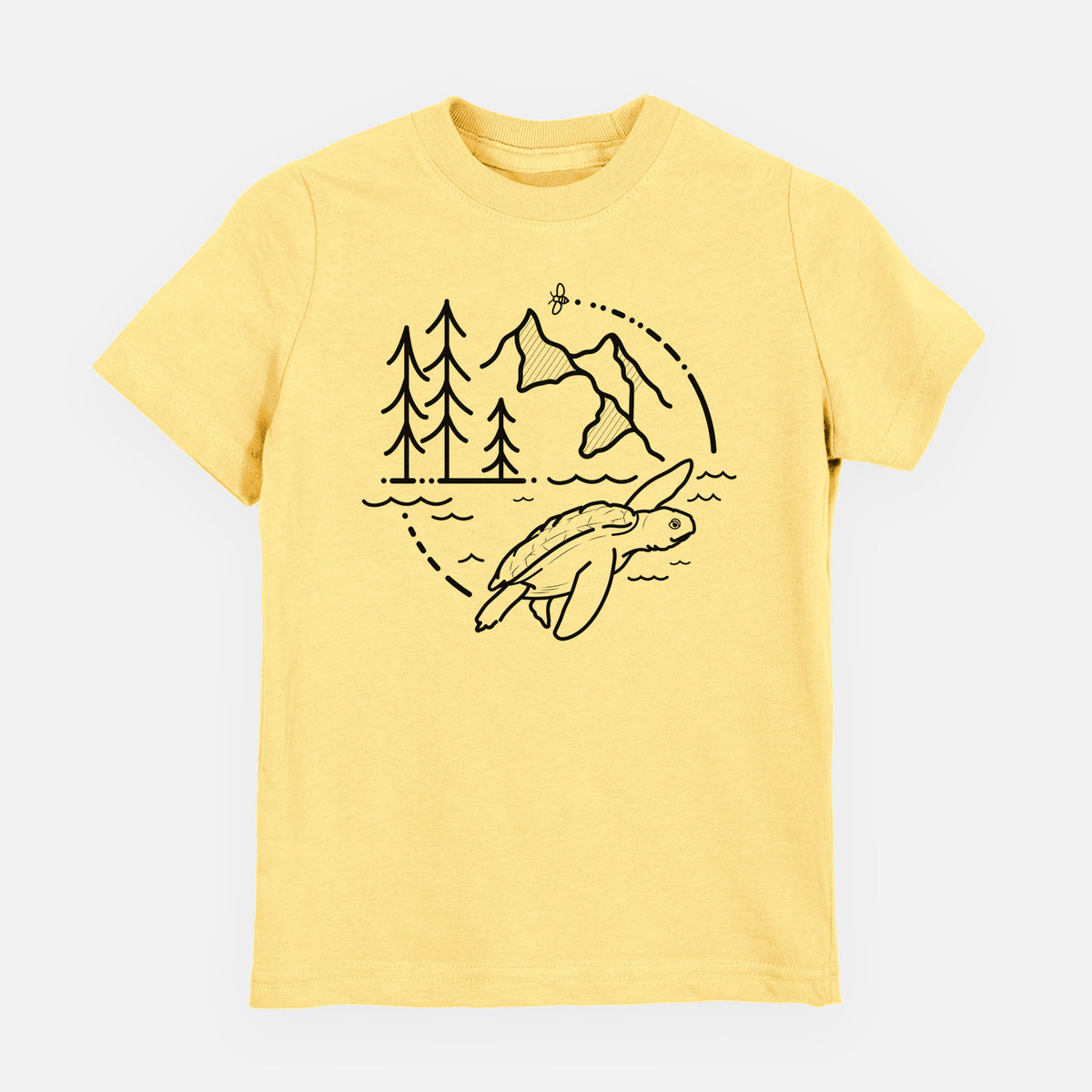 Butter yellow youth t-shirt laid flat, printed with a black line art circle connecting pine trees, mountains, a bee and a Kemp's ridley sea turtle swimming.