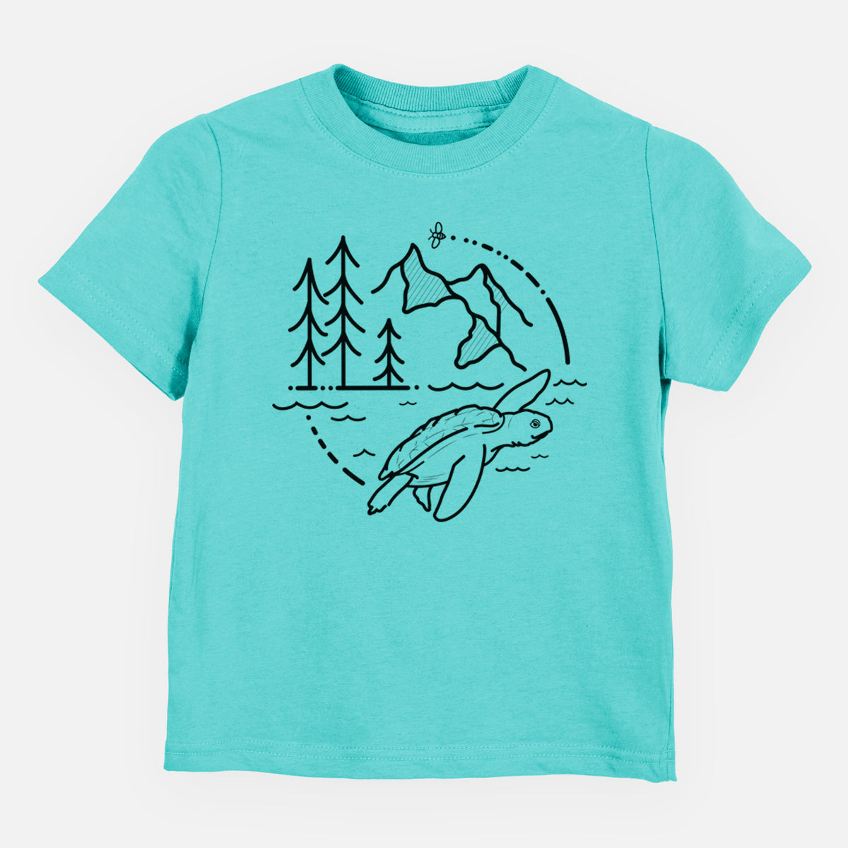 Caribbean blue toddler t-shirt laid flat, printed with a black line art circle connecting pine trees, mountains, a bee and a Kemp's ridley sea turtle swimming.
