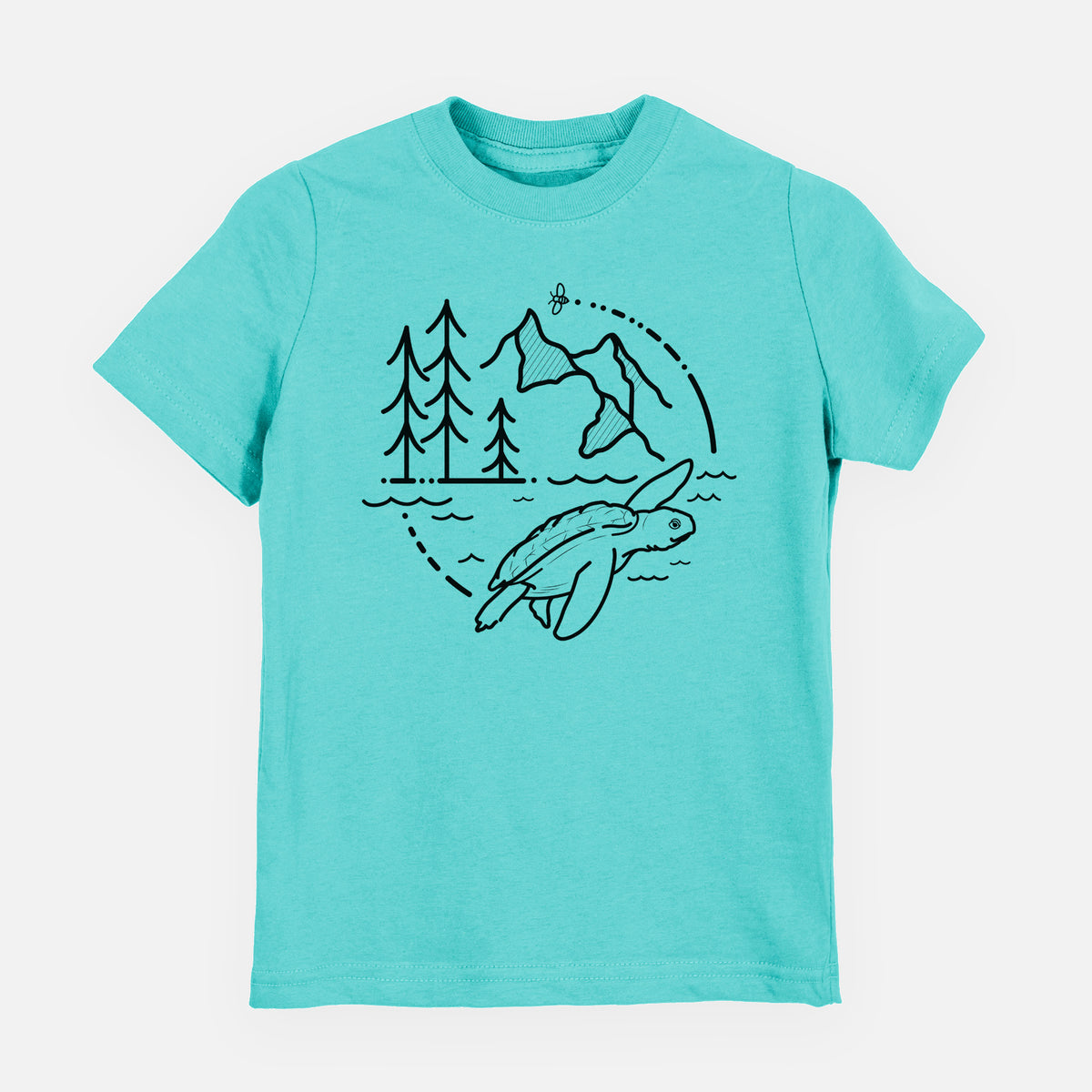 Caribbean blue youth t-shirt laid flat, printed with a black line art circle connecting pine trees, mountains, a bee and a Kemp's ridley sea turtle swimming.