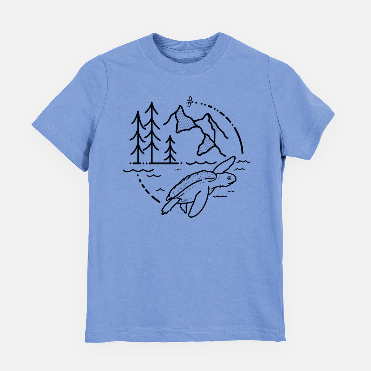Carolina blue youth t-shirt laid flat, printed with a black line art circle connecting pine trees, mountains, a bee and a Kemp's ridley sea turtle swimming.