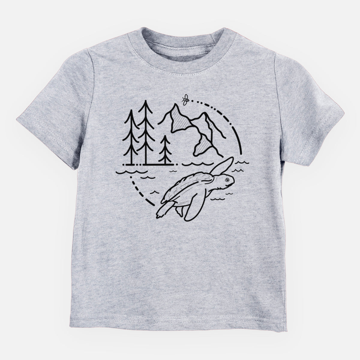Heather grey toddler t-shirt laid flat, printed with a black line art circle connecting pine trees, mountains, a bee and a Kemp's ridley sea turtle swimming.