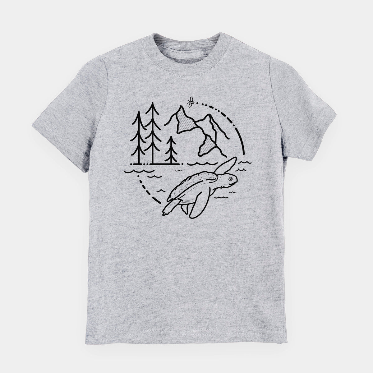 Heather grey youth t-shirt laid flat, printed with a black line art circle connecting pine trees, mountains, a bee and a Kemp's ridley sea turtle swimming.