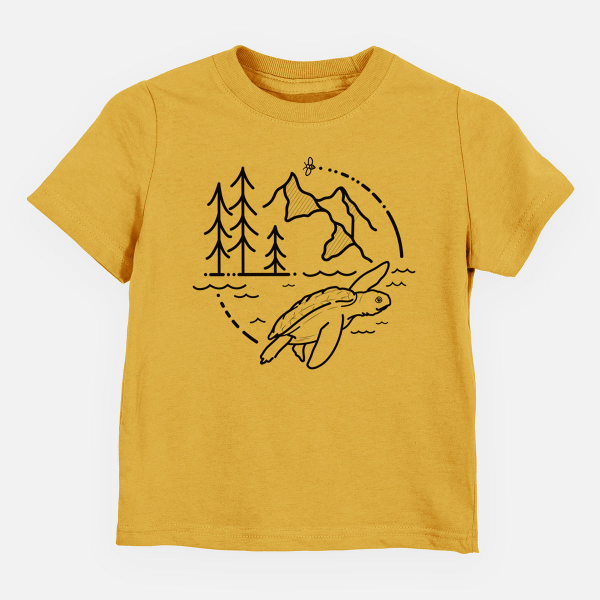 Honeycomb yellow toddler t-shirt laid flat, printed with a black line art circle connecting pine trees, mountains, a bee and a Kemp's ridley sea turtle swimming.