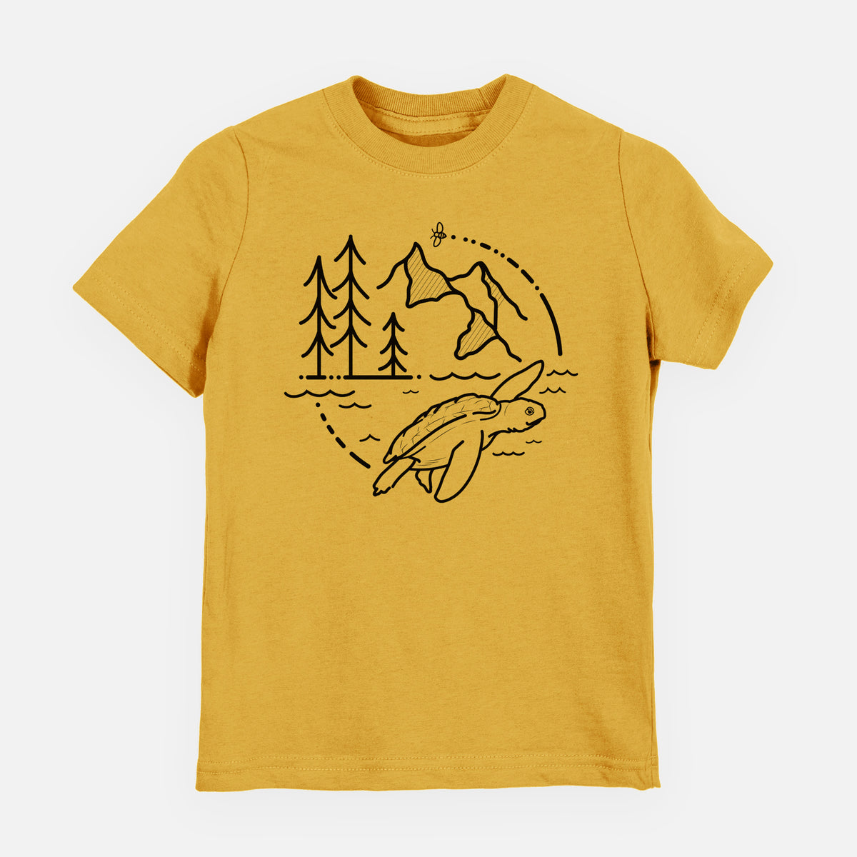 Honeycomb yellow youth t-shirt laid flat, printed with a black line art circle connecting pine trees, mountains, a bee and a Kemp's ridley sea turtle swimming.