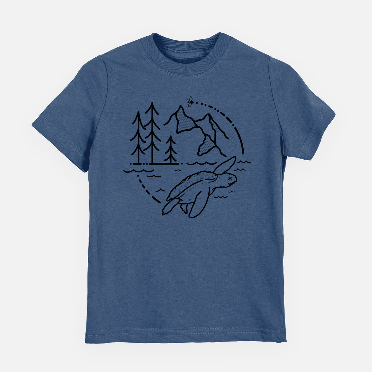 Indigo blue youth t-shirt laid flat, printed with a black line art circle connecting pine trees, mountains, a bee and a Kemp's ridley sea turtle swimming.