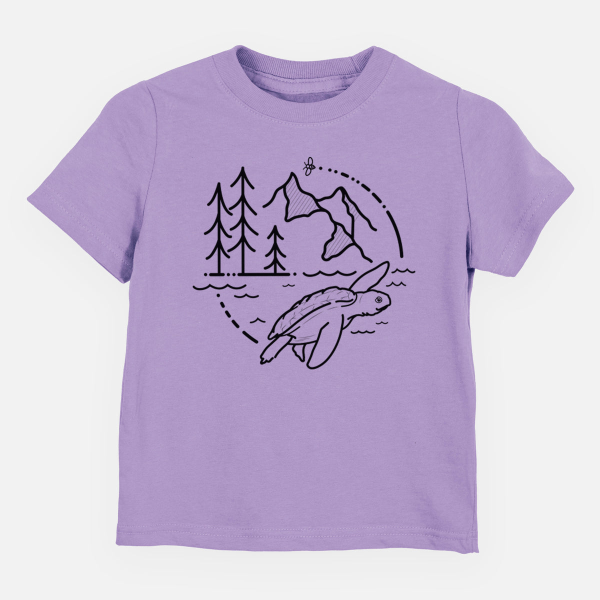 Lavender toddler t-shirt laid flat, printed with a black line art circle connecting pine trees, mountains, a bee and a Kemp's ridley sea turtle swimming.