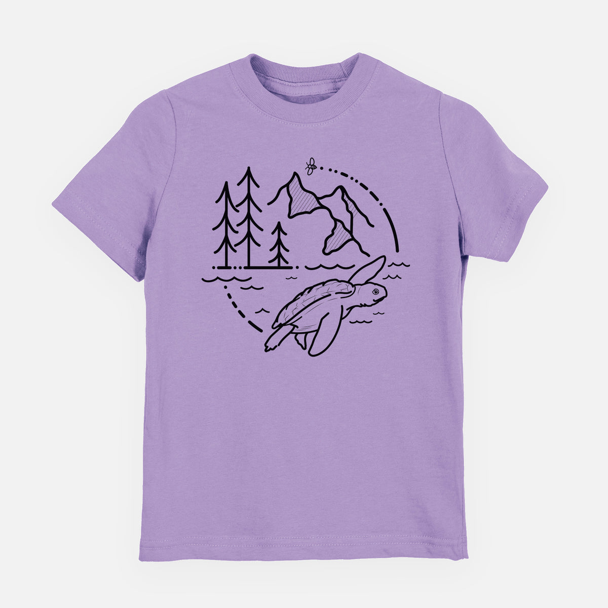 Lavender youth t-shirt laid flat, printed with a black line art circle connecting pine trees, mountains, a bee and a Kemp's ridley sea turtle swimming.