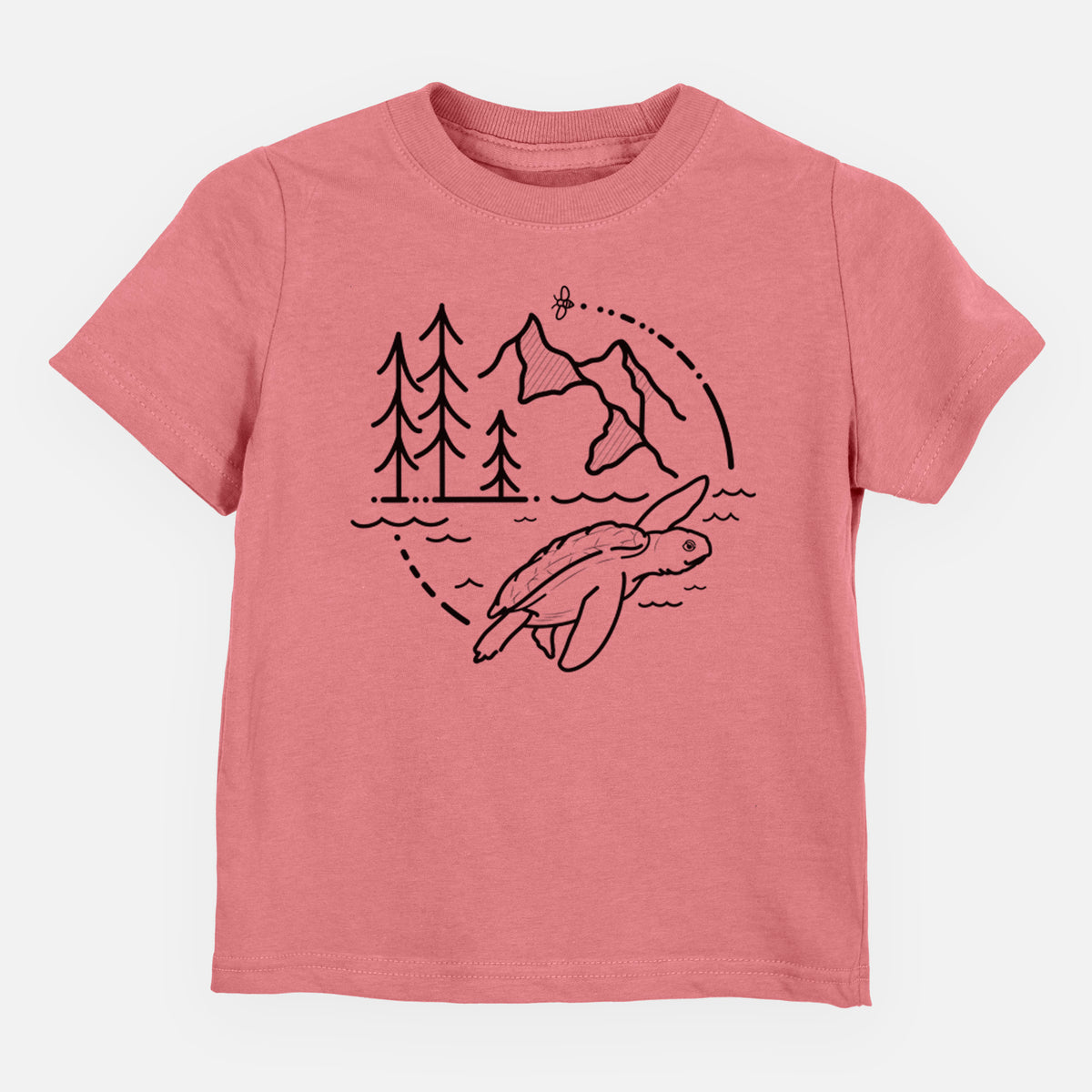 Mauve pink toddler t-shirt laid flat, printed with a black line art circle connecting pine trees, mountains, a bee and a Kemp's ridley sea turtle swimming.