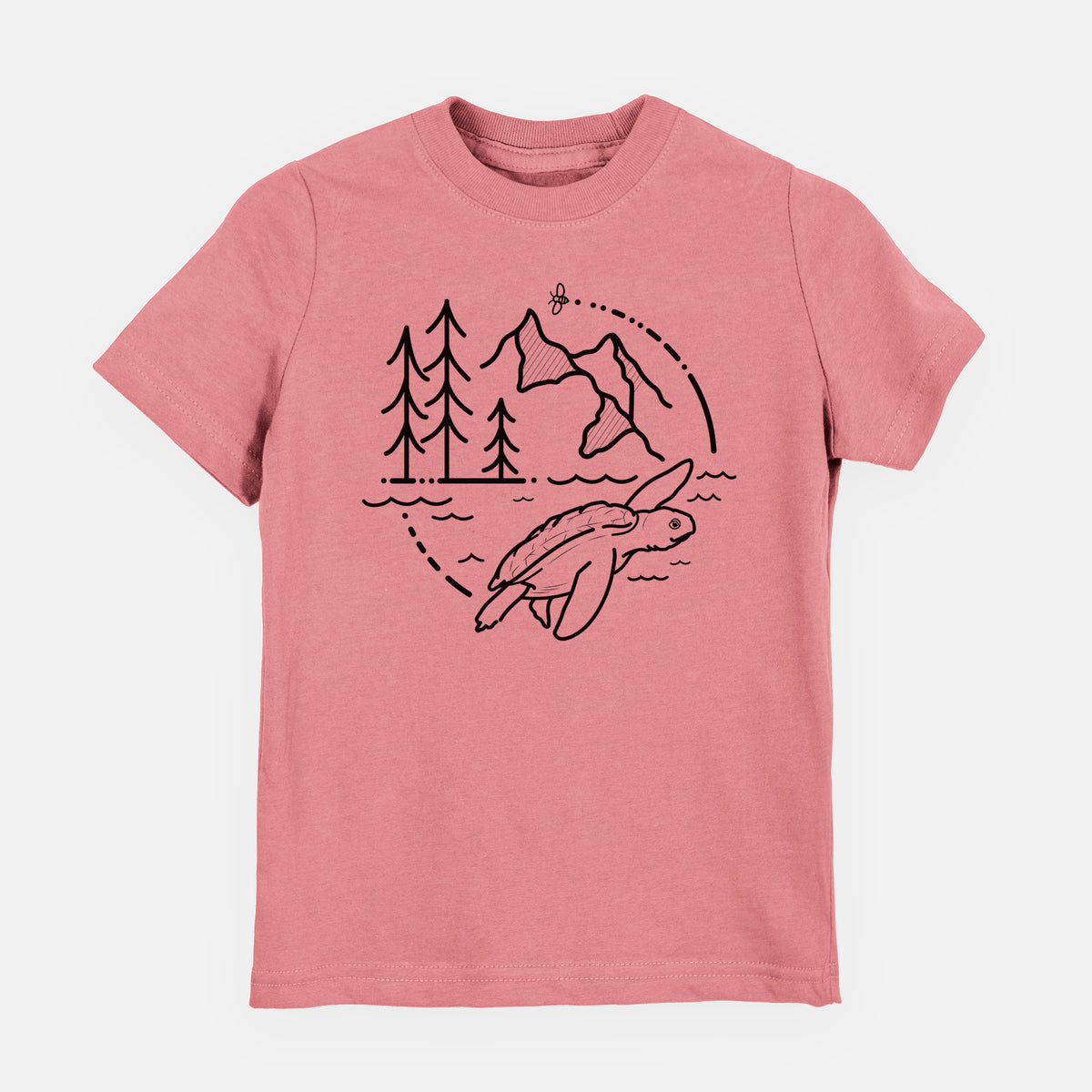Mauve pink youth t-shirt laid flat, printed with a black line art circle connecting pine trees, mountains, a bee and a Kemp's ridley sea turtle swimming.