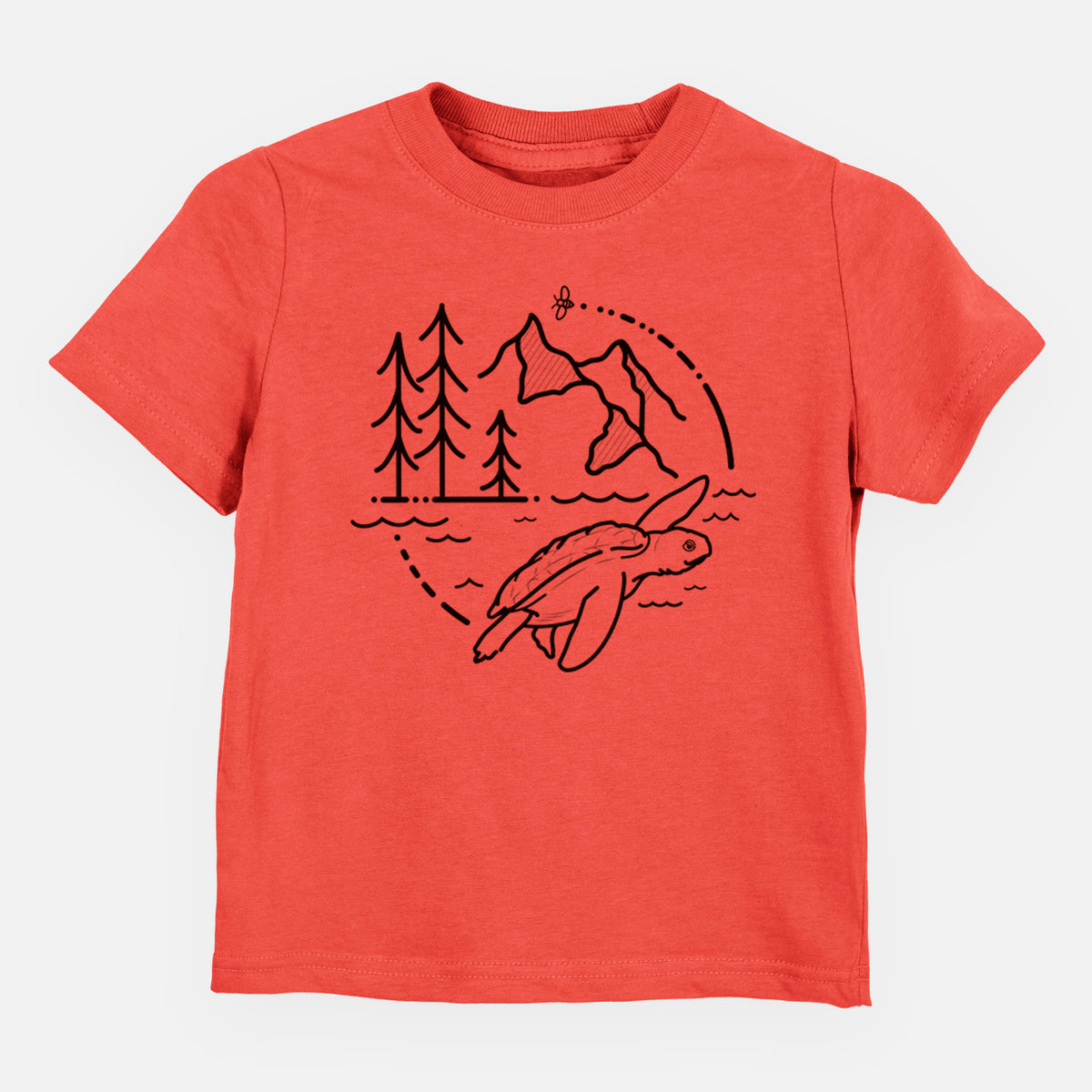 Passionfruit pink toddler t-shirt laid flat, printed with a black line art circle connecting pine trees, mountains, a bee and a Kemp's ridley sea turtle swimming.