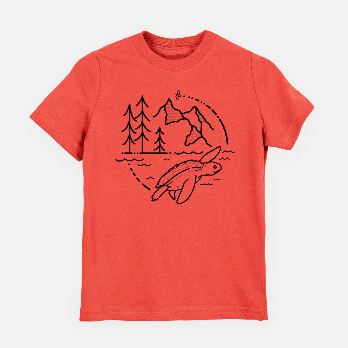Passionfruit pink youth t-shirt laid flat, printed with a black line art circle connecting pine trees, mountains, a bee and a Kemp's ridley sea turtle swimming.