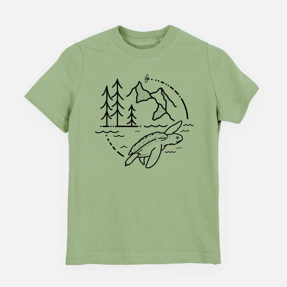 Sage green youth t-shirt laid flat, printed with a black line art circle connecting pine trees, mountains, a bee and a Kemp's ridley sea turtle swimming.