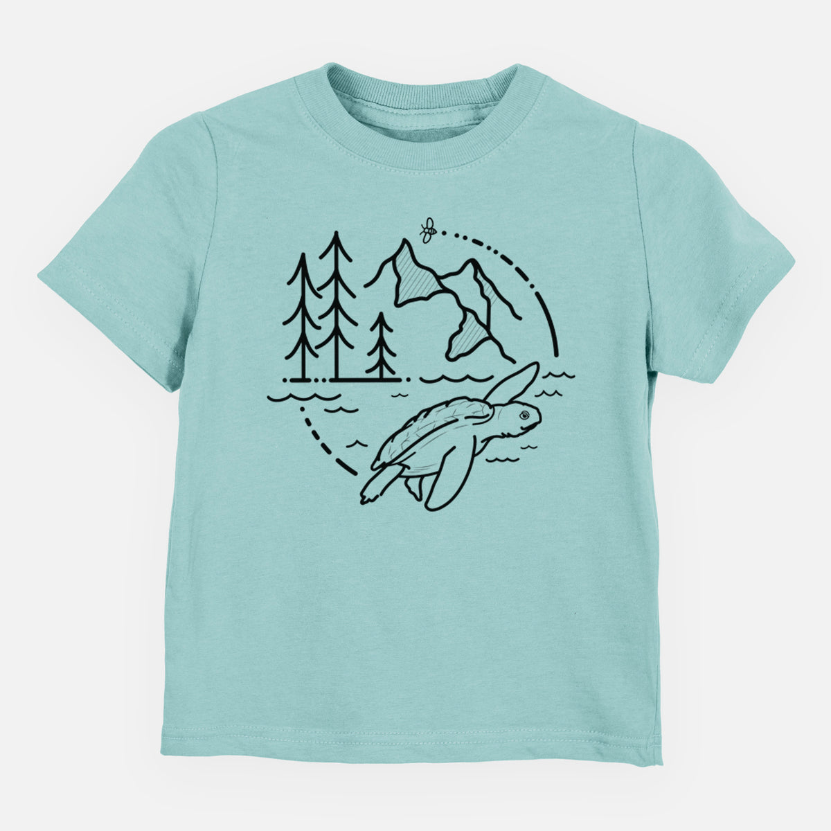 Saltwater toddler t-shirt laid flat, printed with a black line art circle connecting pine trees, mountains, a bee and a Kemp's ridley sea turtle swimming.