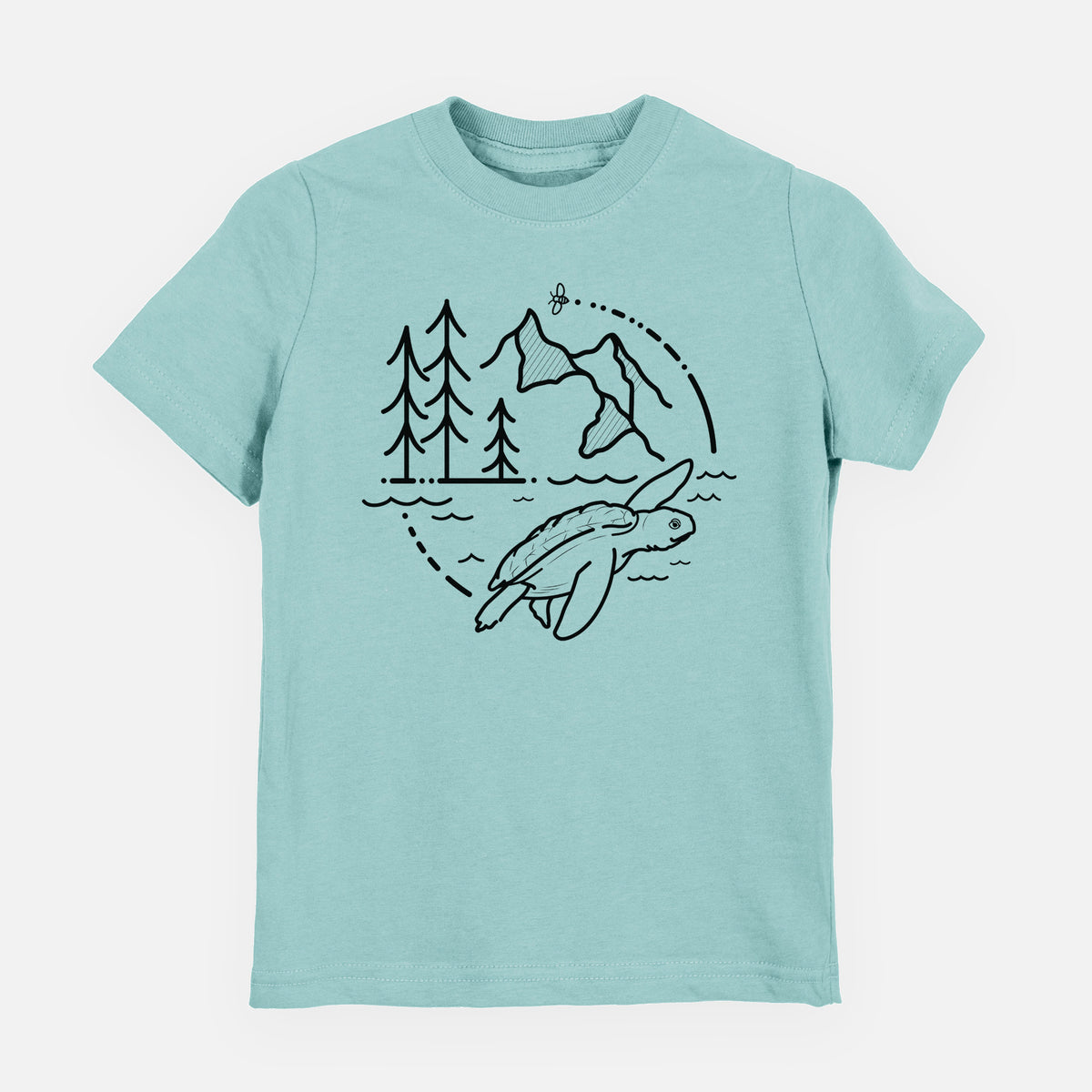Saltwater youth t-shirt laid flat, printed with a black line art circle connecting pine trees, mountains, a bee and a Kemp's ridley sea turtle swimming.