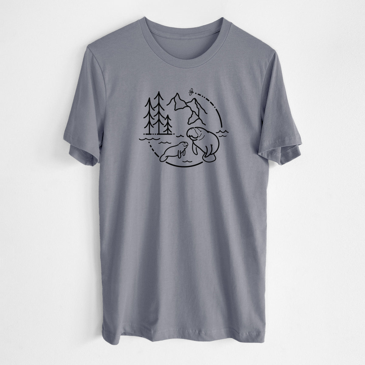Storm grey lightweight cotton t-shirt laid flat, printed with a black line art circle connecting pine trees, mountains, a bee and two manatees swimming in water.