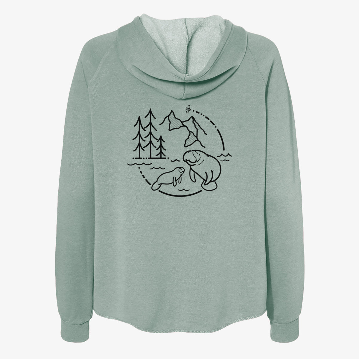Sage green women's Cali Wave zip-up sweatshirt laid flat, printed with a black line art circle connecting pine trees, mountains, a bee and two manatees swimming in water.