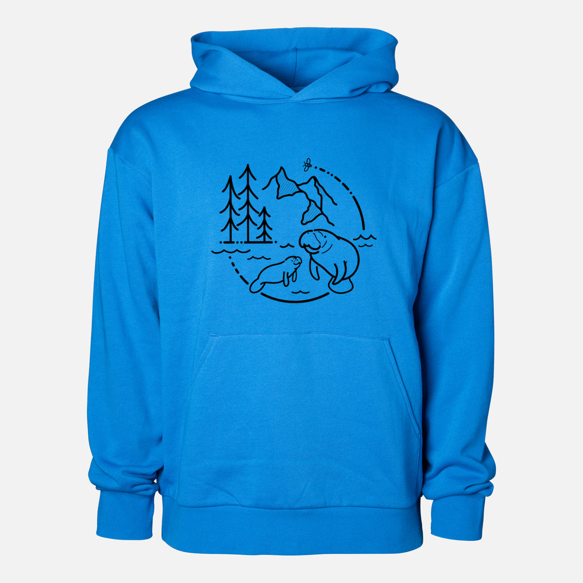 It's All Connected - Manatee - Statement Midweight Hoodie in Azure Blue, shown from the front with the design printed on the chest above a front kangaroo pocket.