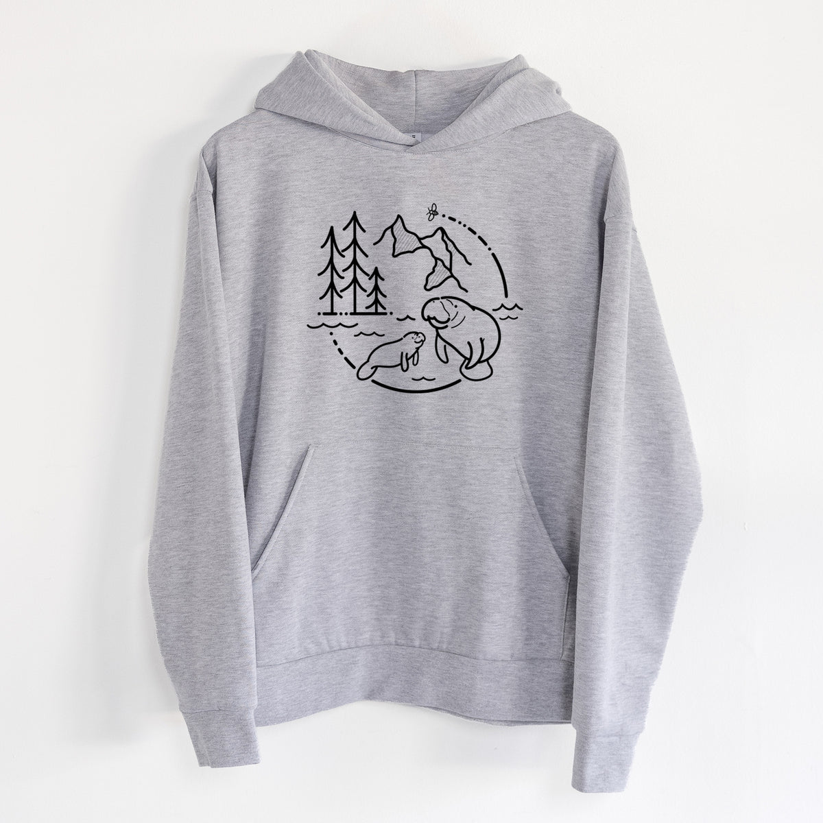It's All Connected - Manatee - Statement Midweight Hoodie in Heather Grey, hanging on a white wall, with a front kangaroo pocket and no drawcords.