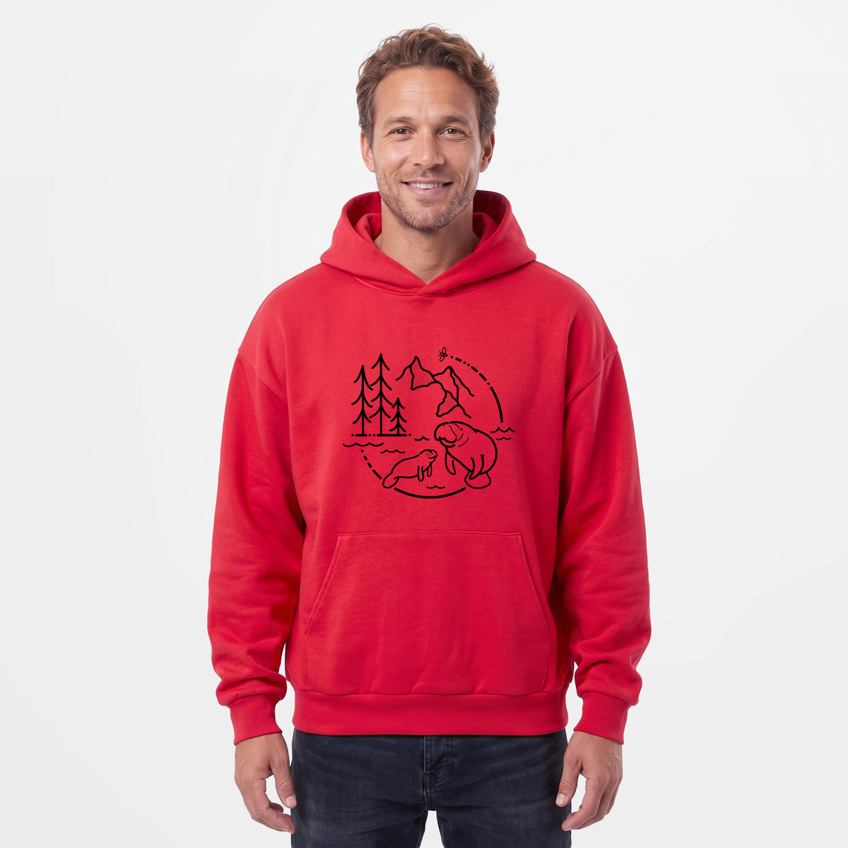 Male model wearing the It's All Connected - Manatee - Statement Midweight Hoodie.
