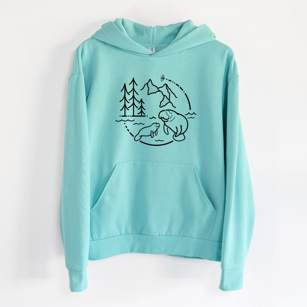 It's All Connected - Manatee - Statement Midweight Hoodie in Seafoam, hanging on a white wall, with a front kangaroo pocket and no drawcords.