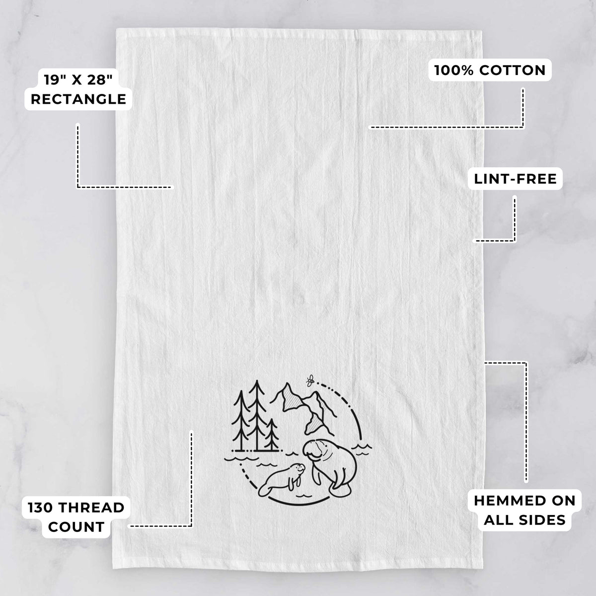 White tea towel printed with a black line art circle connecting pine trees, mountains, a bee and two manatees swimming in water, with feature labels: 19 by 28 inch rectangle, 100% cotton, lint-free, 130 thread count, hemmed on all sides.