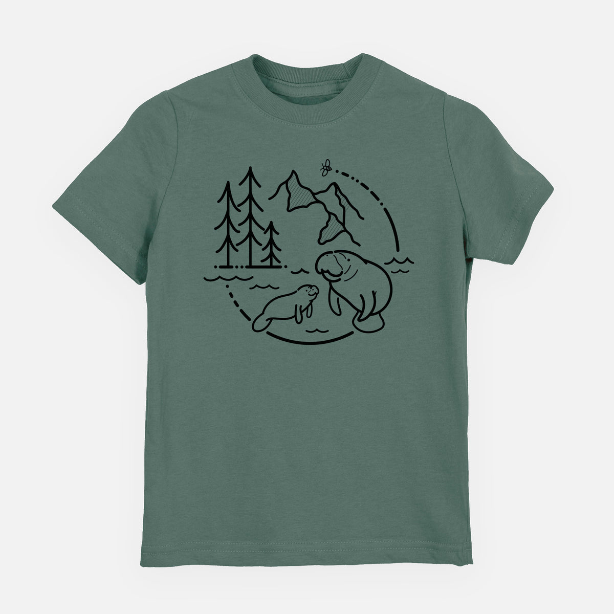 Basil green youth t-shirt laid flat, printed with a black line art circle connecting pine trees, mountains, a bee and two manatees swimming in water.