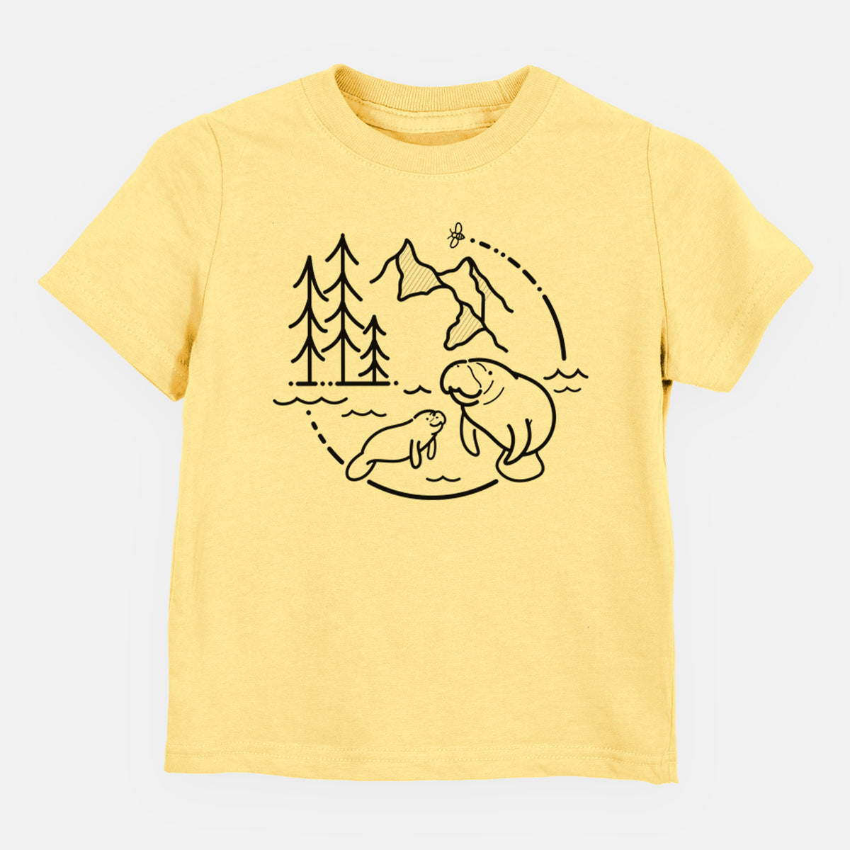 Butter yellow toddler t-shirt laid flat, printed with a black line art circle connecting pine trees, mountains, a bee and two manatees swimming in water.