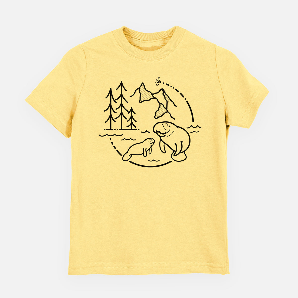 Butter yellow youth t-shirt laid flat, printed with a black line art circle connecting pine trees, mountains, a bee and two manatees swimming in water.